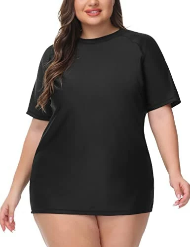 Flash Sale ๐ Hanna Nikole ๐ฉ Women's Plus Size Rash Guard Short Sleeve UPF 50+ Swim ๐ Shirt Beach Tops Blue โจ
