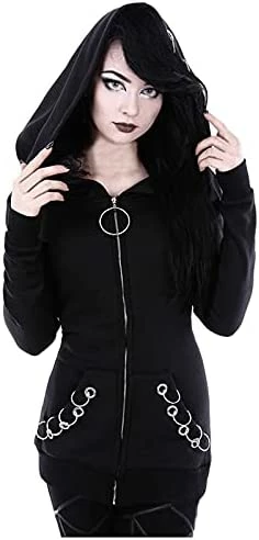 Deals ๐งจ Zip Up Hoodie For ๐ฉ Women Punk Gothic Clothes Vintage Sweatshirt Long Sleeve Black Tops Fall Loose Fit Cardigan ๐งฅ Coat 7-black โ๏ธ - Image 2