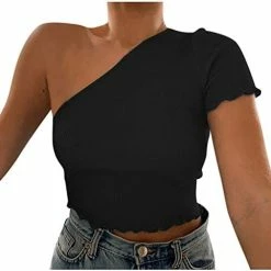 Promo โค๏ธ Knitted Crop Tops For ๐ฉ Women ๐ Summer, Fashion V Neck Short Sleeve Petite Blouse Button Down Ruffle Trim Cotton Cropped Cardigan One Shoulder-black ๐
