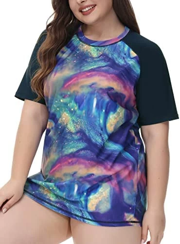 Flash Sale ๐ Hanna Nikole ๐ฉ Women's Plus Size Rash Guard Short Sleeve UPF 50+ Swim ๐ Shirt Beach Tops Blue โจ - Image 4
