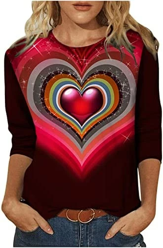 Discount ⭐ Summer 3/4 Sleeve 👚 Shirt Red Heart Painting Pattern Top For 👩 Womens Three Quarter Sleeve Pullover Round Neck Tees 01 Multicolor ⭐ - Image 4