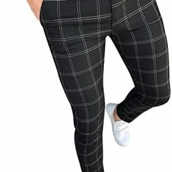 New 👏 Bravetoshop Men's Slim Fit Suit Pants Stretch Flat-Front 👗 Dress Pants Plaid Skinny Business Work Casual Trousers X-style-black 🌟