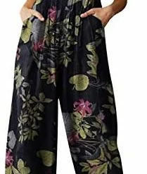 Outlet ✔️ Hmazy 👩 Women Baggy Overalls,Landscape Floral Printed Suspender Jumpsuit Wide Leg Bib Pants Rompers Overalls With Pockets Black ❤️