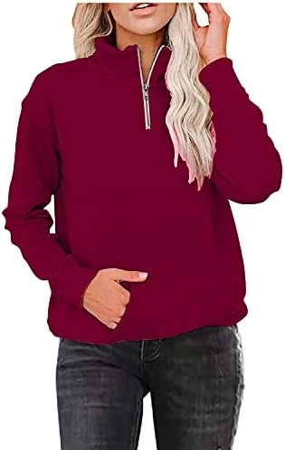 Coupon π SNKSDGM π© Women's Long Sleeve 1/4 Zipper Sweatshirts Casual Warm Lapel Zip Up Loose Pullover Tunic Tops With Pockets Activewear Qc1- Ze6-wine π₯ - Image 5