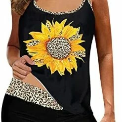Deals 👏 X2people 👩 Women's Sunflower Print Tankini Top With Boyshorts Back 🩱 Swimsuit Tummy Control High Waist Beachwear Yellow 😀