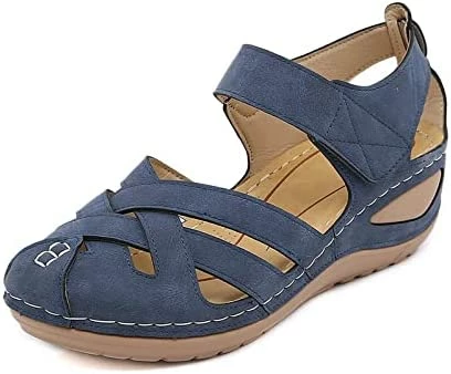 Deals 🔥 Women's ☀️ Summer 🩴 Sandals Ankle Strap Hollow Out Platform Beach Bohemia Gladiator Wedge 👟 Shoes Closed Toe 🩴 Sandals Blue 👍 - Image 6
