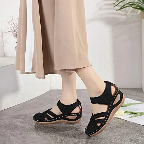 Deals 🔥 Women's ☀️ Summer 🩴 Sandals Ankle Strap Hollow Out Platform Beach Bohemia Gladiator Wedge 👟 Shoes Closed Toe 🩴 Sandals Blue 👍 - Image 3