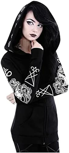 Deals ๐งจ Zip Up Hoodie For ๐ฉ Women Punk Gothic Clothes Vintage Sweatshirt Long Sleeve Black Tops Fall Loose Fit Cardigan ๐งฅ Coat 7-black โ๏ธ - Image 4
