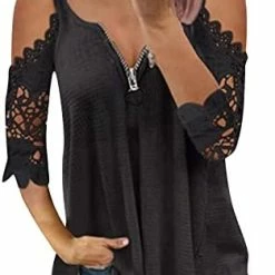 Flash Sale 👍 Off Shoulder Tops For 👩 Women Zipper V-Neck Lace Hollow Tunic T-Shirts Plus Size ☀️ Summer Strappy Tee 👚 Shirts Flowy Blouses Gxfc-s121-multicolor 🔔