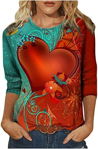 Discount ⭐ Summer 3/4 Sleeve 👚 Shirt Red Heart Painting Pattern Top For 👩 Womens Three Quarter Sleeve Pullover Round Neck Tees 01 Multicolor ⭐ - Image 8