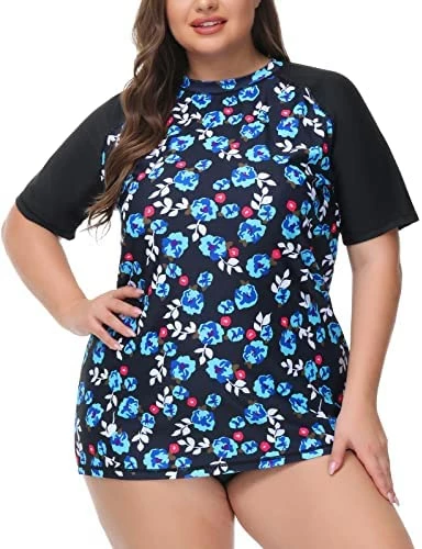 Flash Sale ๐ Hanna Nikole ๐ฉ Women's Plus Size Rash Guard Short Sleeve UPF 50+ Swim ๐ Shirt Beach Tops Blue โจ - Image 3