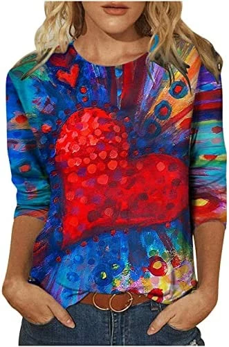 Discount ⭐ Summer 3/4 Sleeve 👚 Shirt Red Heart Painting Pattern Top For 👩 Womens Three Quarter Sleeve Pullover Round Neck Tees 01 Multicolor ⭐ - Image 13
