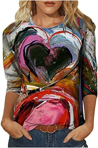 Discount ⭐ Summer 3/4 Sleeve 👚 Shirt Red Heart Painting Pattern Top For 👩 Womens Three Quarter Sleeve Pullover Round Neck Tees 01 Multicolor ⭐ - Image 9
