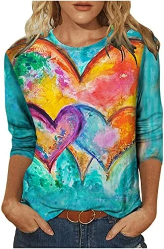 Discount ⭐ Summer 3/4 Sleeve 👚 Shirt Red Heart Painting Pattern Top For 👩 Womens Three Quarter Sleeve Pullover Round Neck Tees 01 Multicolor ⭐ - Image 5