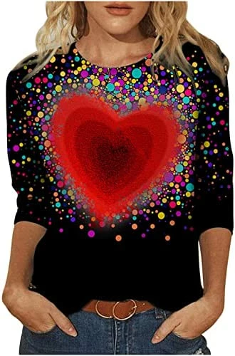 Discount ⭐ Summer 3/4 Sleeve 👚 Shirt Red Heart Painting Pattern Top For 👩 Womens Three Quarter Sleeve Pullover Round Neck Tees 01 Multicolor ⭐ - Image 7