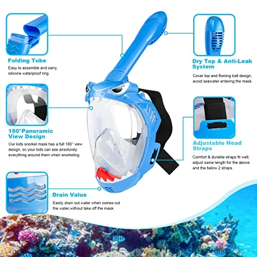 Buy 👍 Full Face Snorkel Mask For Kids, Kids Snorkeling Set 180 Degree Panoramic View, Safe Anti-Leak Anti-Fog, Foldable Dry Top Snorkeling Gear For Kids Adult G 😀