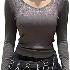 Cheap 👍 Y2K Gothic Clothes For 👩 Womens Long Sleeve Tops Vintage Tee 👚 Shirts Sexy Slim Fit Tunic Cool Punk Clothing 7-black ❤️