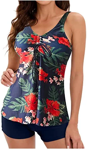 New 🛒 Tankini 🩱 Swimsuits For 👩 Women Two Piece Tummy Control Bathing Suits Floral Print Tank Top With Boyshorts 🌞 Summer Swimming Suits 04# Red 💯 - Image 4