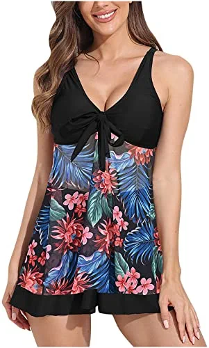 New 🛒 Tankini 🩱 Swimsuits For 👩 Women Two Piece Tummy Control Bathing Suits Floral Print Tank Top With Boyshorts 🌞 Summer Swimming Suits 04# Red 💯 - Image 9