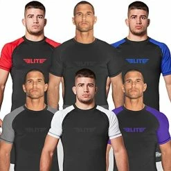 Wholesale 🛒 2022 Elite Sports Jiu Jitsu BJJ Rash Guards, Men’s BJJ, No GI, MMA Ranked Short Sleeve Compression Base Layer Rash Guard Gray ⌛